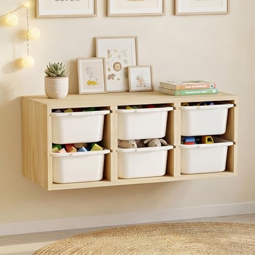 Giklux Organisateur de Jouets Mural Montessori en Bois Massif avec 6 Bacs, Étagère de Rangement avec Plateau Supérieur pour l'Apprentissage et Le Jeu, Rangement pour Livres d'enfants