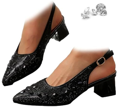 GHTRHSB Décolleté da donna a punta con tacco a blocco, cinturino alla caviglia scintillante alla moda, sandali da sera chiusi, Nero , 40.5 EU