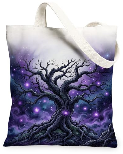 Tree Canvas Tote Bag, Mystical Artistic Stars Roots None Violet Everyday Tote Bag 13x15 Inch, Purple, 13x15 Inch