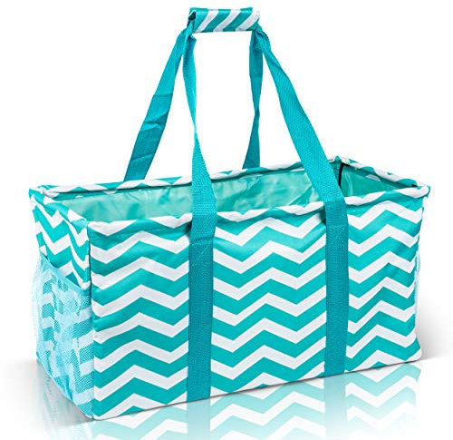 Lucazzi Extra Large Utility Tote Bag - Oversized Collapsible Reusable Wire Frame Rectangular Canvas Basket With Two Exterior Pockets For Beach, Pool, Laundry, Car Trunk, Storage - Chevron Teal