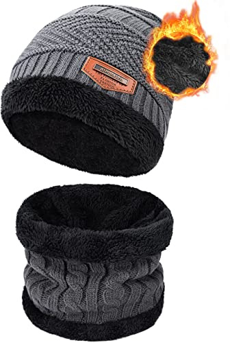 Petrunup Nieve de Invierno Slouch Beanie Sombrero y Cuello Bufanda Conjunto de 2 Piezas Esquí Deportes al Aire Libre para Hombre Mujer,Gris