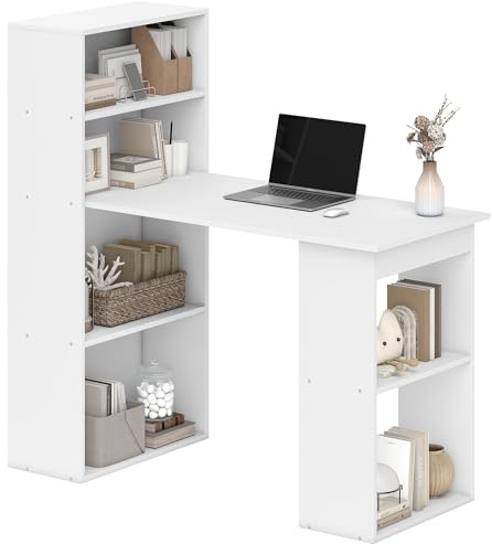 HOMCOM Bureau Informatique, Bureau avec Rangement, 6 Compartiments Ouverts, Table d'ordinateur pour Chambre, Studio, 120 x 55 x 120 cm, Blanc