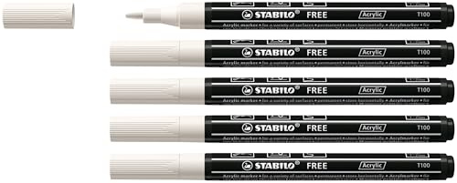 STABILO - Acrylmarker - FREE Acrylic T100 - Strichbreite 1-2 mm - 5er Pack - weiß