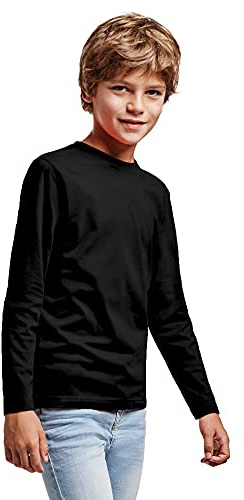 Camiseta de Colores Manga Larga 100% Algodón para niño – Camiseta Cuello Redondo Doble Elastano, cómoda, Suave, Lisa y Elegante (Negro, 9/10)