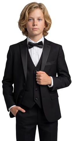 Pojkar Pageboy smoking middagsdräkt, 5 delar komplett bröllop bal outfit, Svart, 8 år