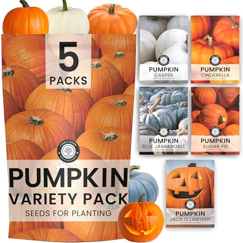 Pumpkin Seeds | 5 Invidiual Packs | 2026 Season | Non-GMO | Jack O Lantern, Sugar Pie, Casper, Cinderella & Blue Jarrahdale! | for Planting Indoor & Outdoor | by Family Sown
