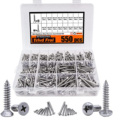 Trivd Frol 550Pcs Self Tapping Screws Assortment Set, M3/M4/M5/M6 304 Stainless Steel Sheet Metal Screws Kit, Phillips Drive Wood Screw Assortment 550Pcs(275pcs Round Head and 275pcs Flat Head)