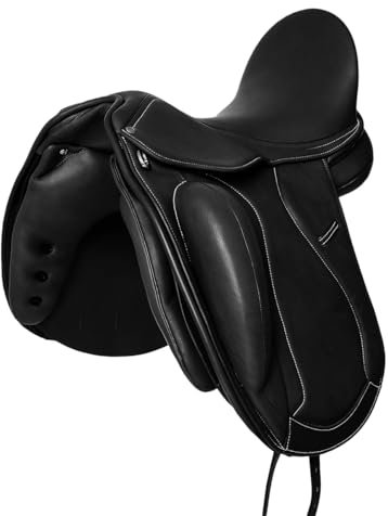 A&M Reitsport Dressur Sattel Chester aus Leder, wechselbares Kopfeisen, Polyflex Baum, Schwarz, Größe:17.5 Zoll