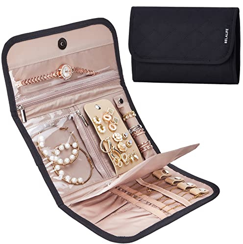 BELALIFE Travel Jewelry Case Organizer, Medium Foldable Storage Roll for Earrings, Necklaces, Rings, Bracelets, Brooches, Black