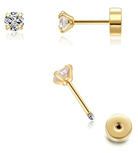 Tiny Flatback 2mm CZ Stud Earrings,Flat Screw Back Cubic Zirconia Earrings Helix Earrings Cartilage Tragus Piercing Jewelry Gift for Women(2mm CZ, 14K Gold)