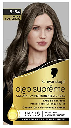 Oleo Suprême - Schwarzkopf – Coloration Permanente à l’Huile – Couleur et Eclat Longue Durée – sans Ammoniaque – Couvre 100% des Cheveux Blancs – HaptIQ Système – Châtain Clair Cendré 5-54