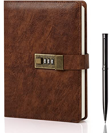 WEMATE Tagebuch mit Schloss, A5 PU Leder Journal mit Schloss 240 Seiten, Vintage Lock Journal mit Stift & Geschenkbox, abschließbares Tagebuch für Frauen & Männer, 8.6x5.8in Braun