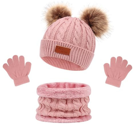 MAILEKT Mütze Schal & Handschuh-sets für Mädchen & Jungen, 3 in 1 Warme Wintermütze Schlauchschal StrickHandschuhe Set, Bommelmütze Kinder Schal Set Geschenk für Kinder 2-6 Jahre