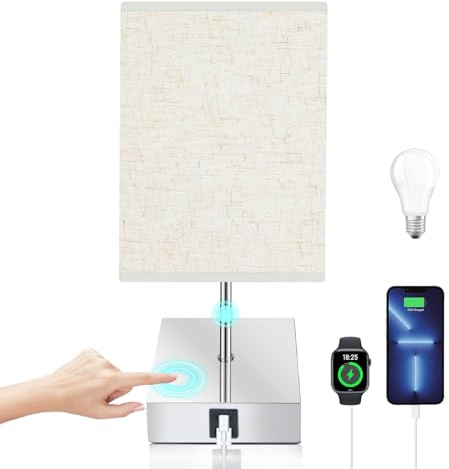 Aurorast Lampada da comodino a controllo touch, lampade da tavolo dimmerabili a 3 livelli con porte di ricarica USB A+C per camera da letto, soggiorno e ufficio (Inclusa lampadina LED E27)