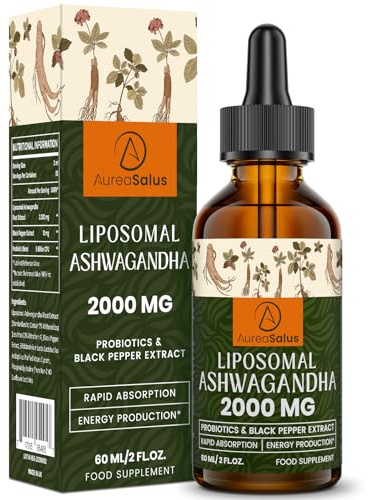 AureaSalus Liposomal Ashwagandha Drops 2000mg, Pure Natural Ashwagandha Extract, Enrich Probiotics & Black Pepper Extract, Stress Relieve Supplements, Increase Energy (60 ml (Pack of 1))