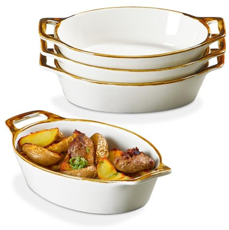 Au Gratin Baking Dish, Ceramic Oval Baking Dishes with Handles, 20 oz Small Casserole Dishes for Oven, 6x8 Individual Baking Dishes for Oven, Single Serving Dishes for 1-2 People, Set of 4, Brown Rim