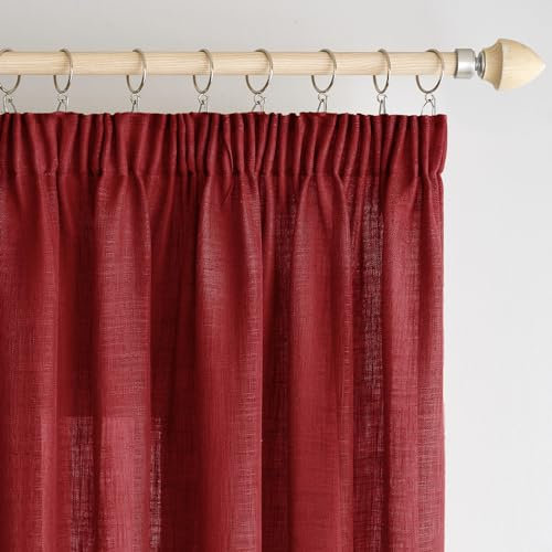 Woaboy Leinen Gardinen mit Kräuselband Vorhänge Wohnzimmer Leinenoptik Halbtransparent Stores Gardine Schlafzimmer Modern Schlaufengardinen 2er Set 140x225cm (BxH) Wein Rot