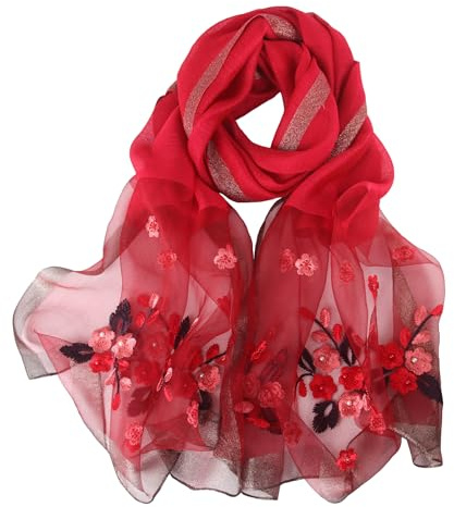 Anvevkn Women's Silk Embroidered Scarf Lightweight Shawls and Wraps for Weddings Fashion Elegant Pashmina Shawl Embroidered Scarves