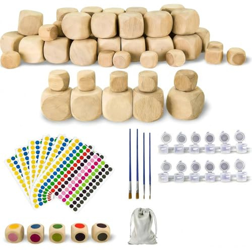 Annickee 50 Piezas Dados en Blanco, 20mm/12mm Dados Madera con bolsa de almacenamiento, Dados de Madera en blanco de 6 Caras con Pegatinas redondas de puntos de colores, Dados para Bricolaje Arte