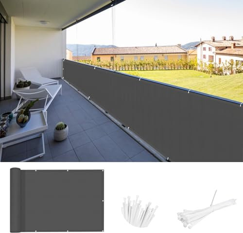 SUNNY GUARD Balkon Sichtschutz 90x500cm Balkonverkleidung Balkonabdeckung Balkonumspannungen UV-Schutz Wind und wetterfest mit Kabelbinder,Dunkler Anthrazit