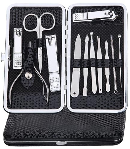 Kit de manucure, 12 pièces, en acier inoxydable, avec étui, ciseaux à ongles quotidiens, étui à ongles, pour homme et femme, kit de soins pour les ongles pour le voyage (noir)