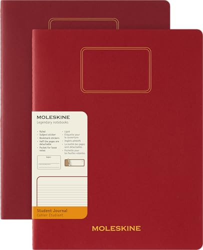 Moleskine Student Cahier Journal, Set 2 Quaderni a Righe per Appunti con Pagine Staccabili, Copertina in Cartone e Adesivi, Colore Rosso, Formato XXL 21,6 x 27,9 cm
