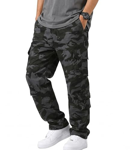 Misfuso Pantalon Cargo Homme en Coton Pantalon de Travail avec Plusieur Poches Ample Fit Noir Camouflage XL