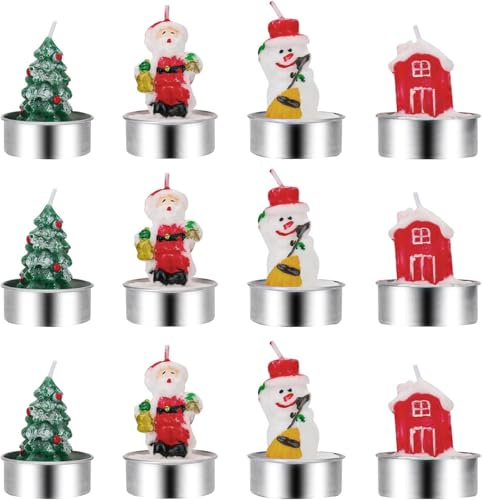 Bougies de Noël Décoratives, 12 Pièces, Père Noël, Bonhomme de Neige, Cabane, Sapin, Cire de Soja, avec Support Métallique, 4,4 x 4 cm, pour Décoration de Fêtes