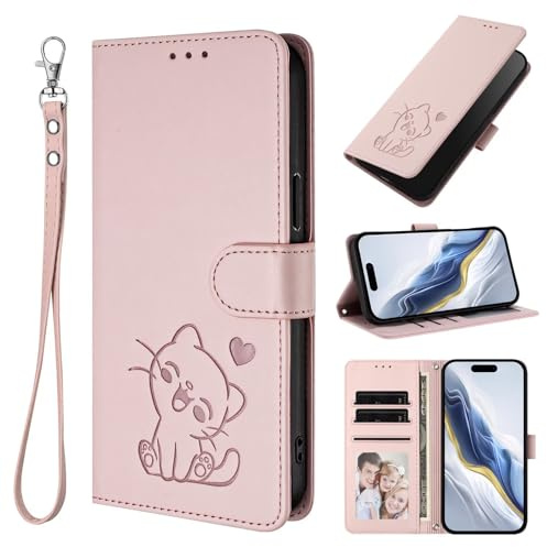 TUUNKMUY för Cricket Debut S3 fodral, flip PU-läder präglad katt stöttåligt bokplånbok fodral med stativ magnetisk folio TPU stötfångare gel skyddande telefonskydd för cricket Debut S3 rosa