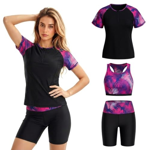 Owntop Rashguard Set da donna 3 pezzi – Maglietta a maniche corte con canotta e costume da bagno, asciugatura rapida, con protezione UV per spiaggia, nuoto, sport acquatici, Colore: rosa., M