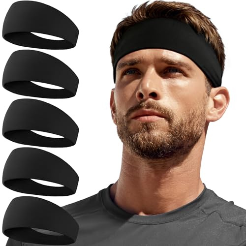 CYPERROCK 5 Pack Running Headbands, Workout Sweat Band Moisture Wicking Sports Headband for Men/Women 5 Black