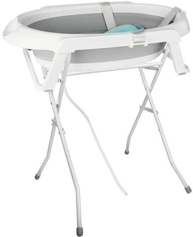 Bañera para bebés con soporte, plegable, equipada con termómetro, alfombra de baño, espacio de almacenamiento y revestimiento antideslizante, adecuada para recién nacidos (gris)