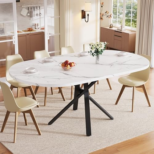 FammyLoft Round Extendable Dining Table 100-140cm, White | Marble Effect Kitchen Table with Black X Shaped Metal Frame, Modern Space Saving Dining Table for Kitchen & Living Room
