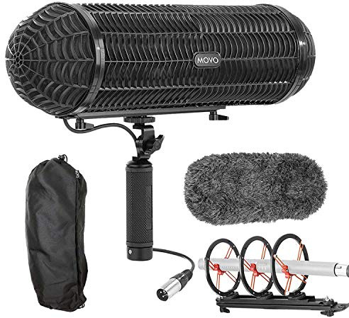 Movo BWS1000 Blimp Microphone Windshield Mount and Vibration Protection System for Shotgun Microphones - Has 12-Point Internal Shock Mount, Integrated XLR Cable, Deadcat Windscreen and Grip Handle