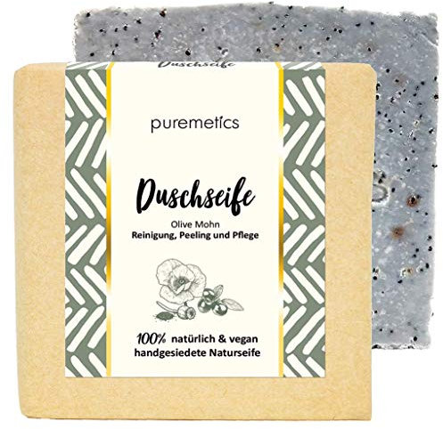 Puremetics Zero Waste peelende Dusch-SeifeOlive Mohn | 100% natürlich, vegan & plastikfrei | Handgesiedete Naturseife zum Duschen | Peeling Seife | Festes Duschgel ohne Plastik