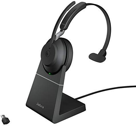 Jabra Evolve2 65 Casque PC sans Fil avec Station de Charge - Casque Mono Écouteur Certifié Microsoft Teams avec Batterie Longue Durée - Adaptateur Bluetooth USB-C - Noir