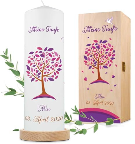 GRAVURZEILE Candela per battesimo con albero della vita con nome, data e battesimo – Candela di alta qualità 25080 mm stampata brillante – regalo di battesimo personalizzato per ragazze e ragazzi –