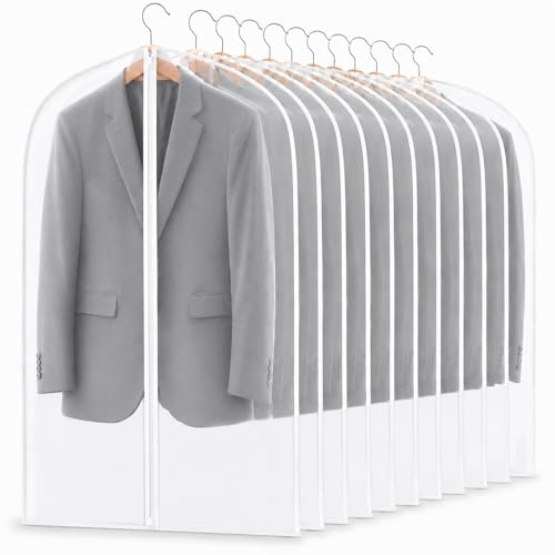 Garment Bags, 12 Pack 60cm x 100cm Breathable Suit Bag Covers with Zip, PEVA Clothes Cover Bags Coat Garment Bags Waterproof Moth Proof Dress Cover Bags for Wardrobe Storage and Travel (40 x 24)