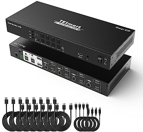 TESmart DisplayPort KVM Switch 4 PC 2 Monitore, 4K@60Hz KVM Switches mit EDID Emulatoren, DCCI, L/R Audioausgang für 4 PCs, die 2 Monitore teilen, Hotkey-Button-Umschalter mit Eingangskabel