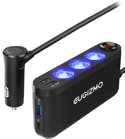 EUGIZMO 7 in 1 Cigarette Lighter Splitter, 200W Car Charger Plug Adapter | 1x PD30W USB-C, QC3.0 18W and 3x 2.4A USB Ports for iPhone RVs Boats Pair with Master Switch with LED Voltage Display