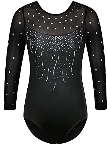 ZNYUNE Kinder Gymnastik Trikot mit Pailletten Mädchen Gymnastikanzug 3/4 Hülse in Tüll 272 Black 12A