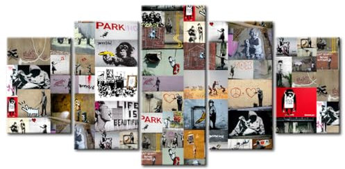 decomonkey - Tableau Acoustique Banksy 225x112.5 5 Pièces - Impression sur Toile Décoration Maison Isolation Peinture Phonique Déco Bureau Banksy modèle graffiti collage coloré fond urbain moderne