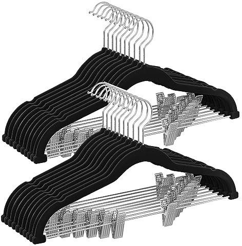 SONGMICS Kleiderbügel Samt, 20er Set, Rockbügel, 42,5 cm breit, mit verstellbaren Clips, rutschfest, platzsparend, für Hosen, Mäntel, Kleider, schwarz CRF012B20