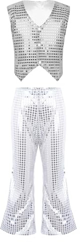 inlzdz Kids Girls Jazz Disco Dance Performance Outfits Sequined Vest Waistcoat with Flared Pants Set Silver 7-8 Years