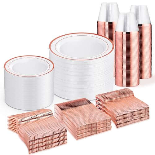 WELLIFE 600 PCS Rose Gold Disposable Dinnerware Set for 100 Guests, Valentine's Day Plate, 100 Each-Dinner & Salad Plates, Cups, Forks Knives Spoons for Wedding Reception and Mothers Day Plates