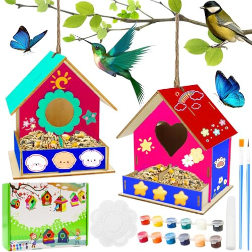 PIWOSGOL 2 Stück DIY Vogelhaus Bausatz für Kinder, 3D Set Holz Basteln zu Bauen und Malen, Vogelfutter Bastelset, Geschenke für Mädchen Jungen Kleinkinder