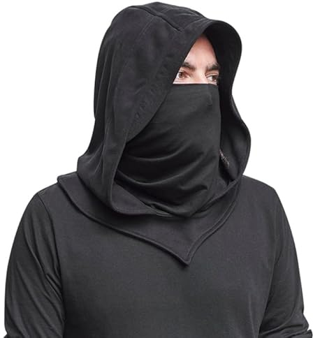 JUNNASALIKER Bonnet à capuche, écharpe, cagoule à capuche, masque facial pour hommes, chapeau médiéval avec voile, Noir , S/L