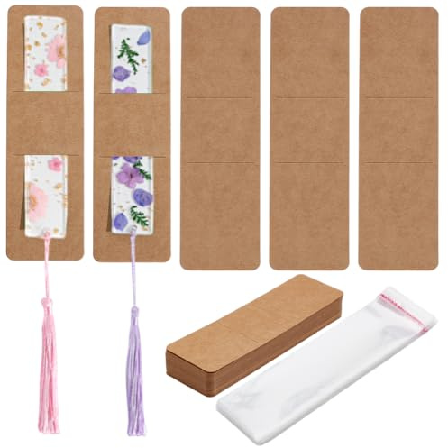 HOBBIESAY 120Pcs Porte Marque Page Kraft 60Sets DIY Marque Pages Cartes D'Affichage Vierges Pochette pour Marque Page Kraft avec Sacs en Cellophane OPP Bois Massif pour les Amoureux des Livres Cadeaux