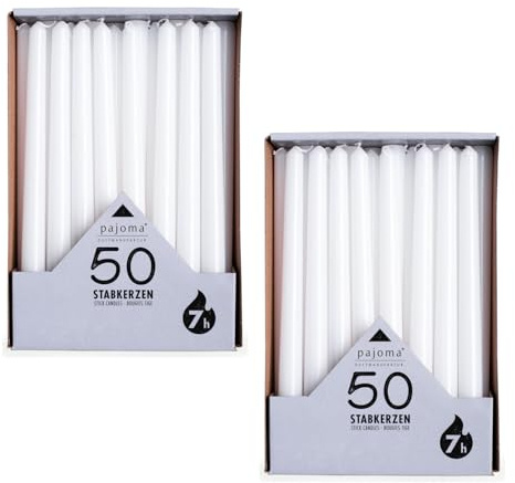 pajoma® Lot de 100 bougies à tige blanches - Hauteur : 25 cm - Durée de combustion : environ 7 heures - Sans parfum - Polyvalentes pour bougeoirs, décoration et occasions festives