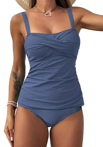 ZAFUL Tankini Swimsuits for Women Tummy Control High Waisted Twist Front Ruched Two Piece Bathing Suit 0-Grey Blue M